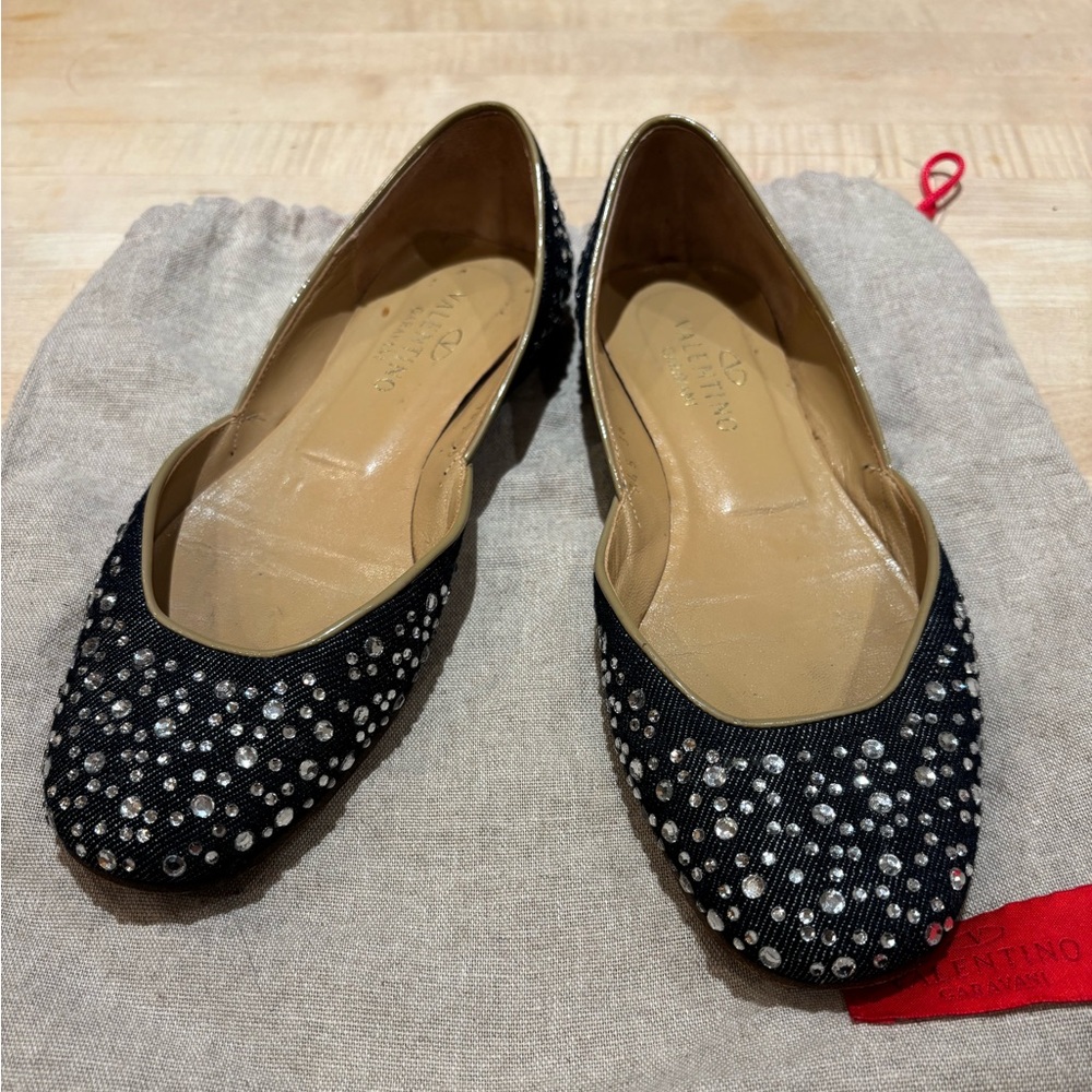 Valentino Denim Swarovski Flats Size 6 EU 36